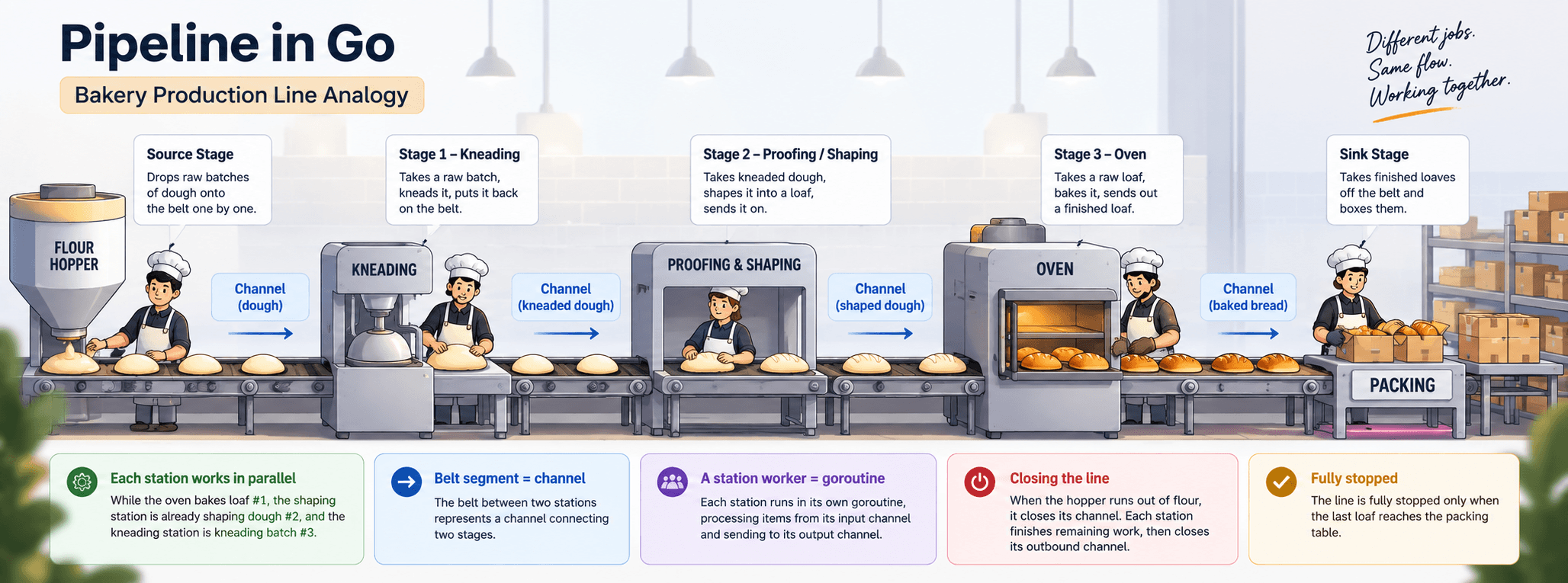 Pipeline pattern in Go explained with a bakery production line analogy: a conveyor belt of stations (hopper, kneading, shaping, oven, packing) each doing one job and passing the dough to the next.